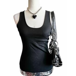 Express Y2K Sequin Tank Top Womens XS Black Cami Pima Cotton Fairy Grunge Layer